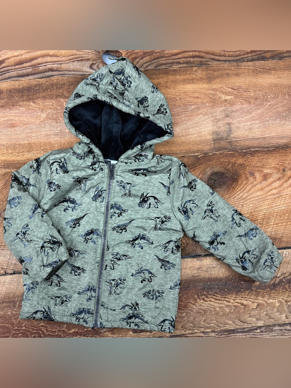 Kids' Olive Dino Print Hooded Zip Jacket